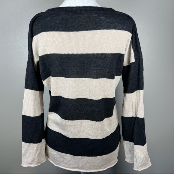 Eileen Fisher Black Beige Striped 100% Organic Linen Sweater Size Petite Medium - Picture 5 of 10